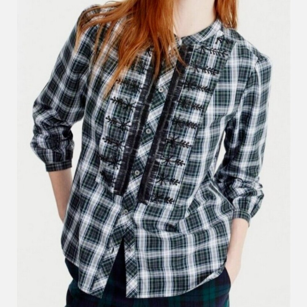 Women's Medium J Crew Green Tartan Plaid Shirt Christmas Snowflakes Embellished